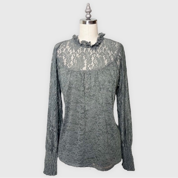 Cable & Gauge Green Lace Mock Neck Blouse Large Nwt - Picture 1 of 12